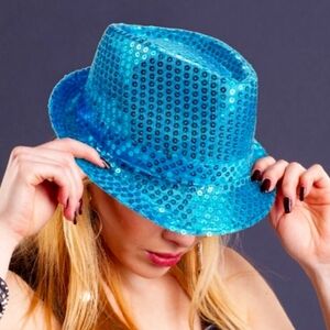 GROOVY GLAM Turquoise Blue Sequin Fedora Unisex Party Hat